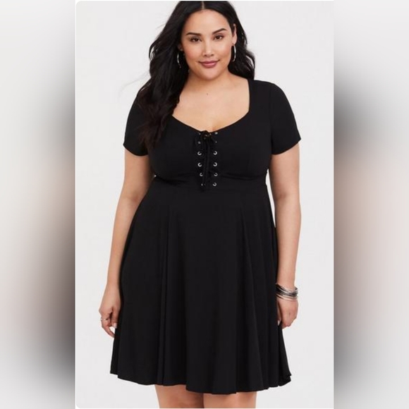 Torrid Black Challis Lace-Up Skater Dress - Picture 1 of 5
